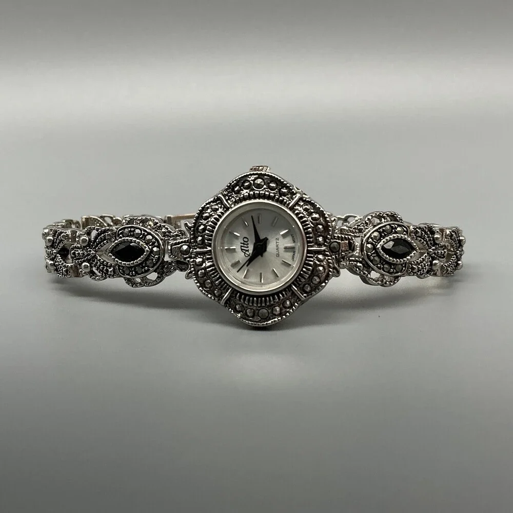 Alto Marcasite Womens Watch 24mm Silver Tone Dress Bracelet New Battery 7.25